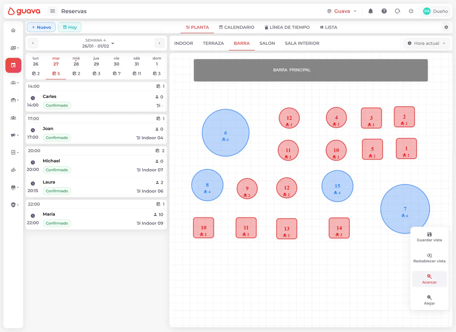 Guava's bookings interface showing tables and availability