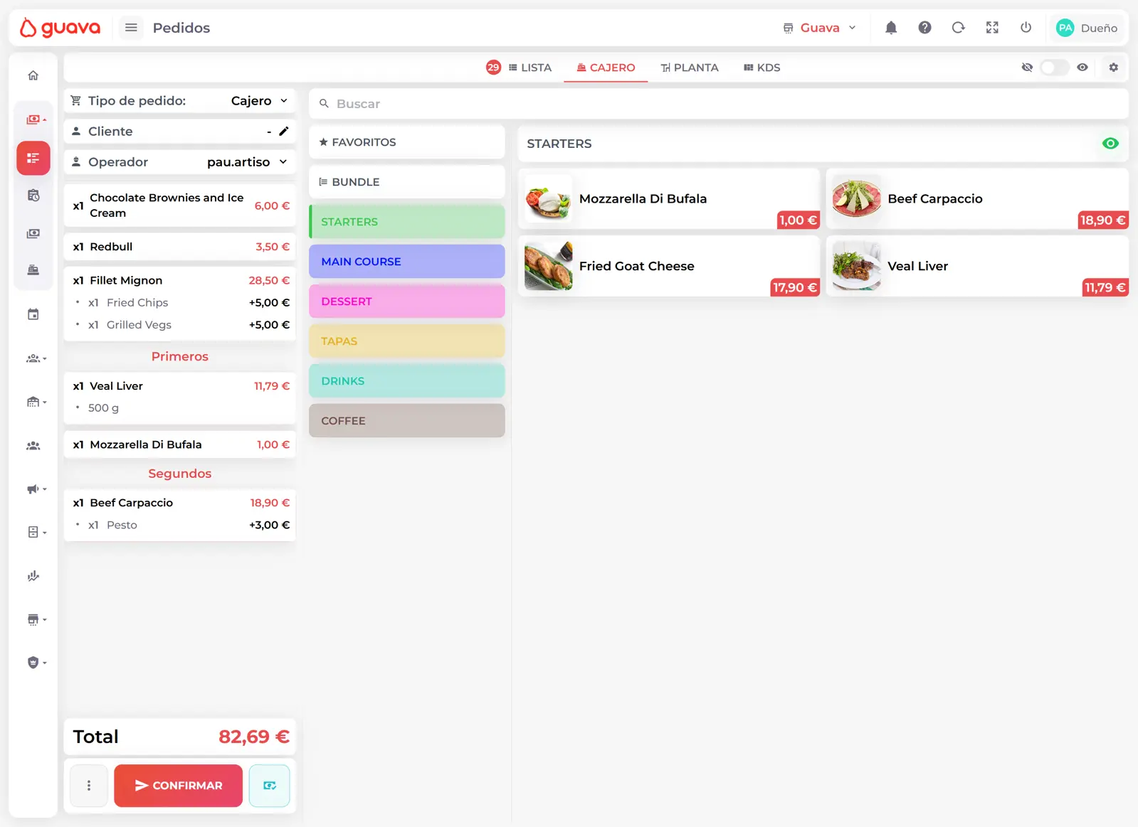 Guava's POS interface showing orders, tables, and payments