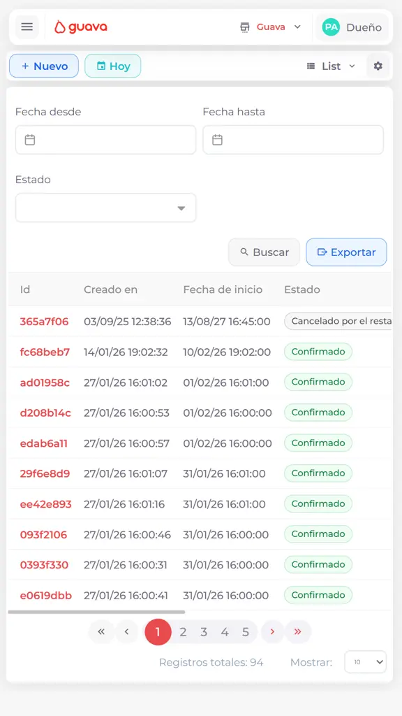 Mobile view of Guava's bookings