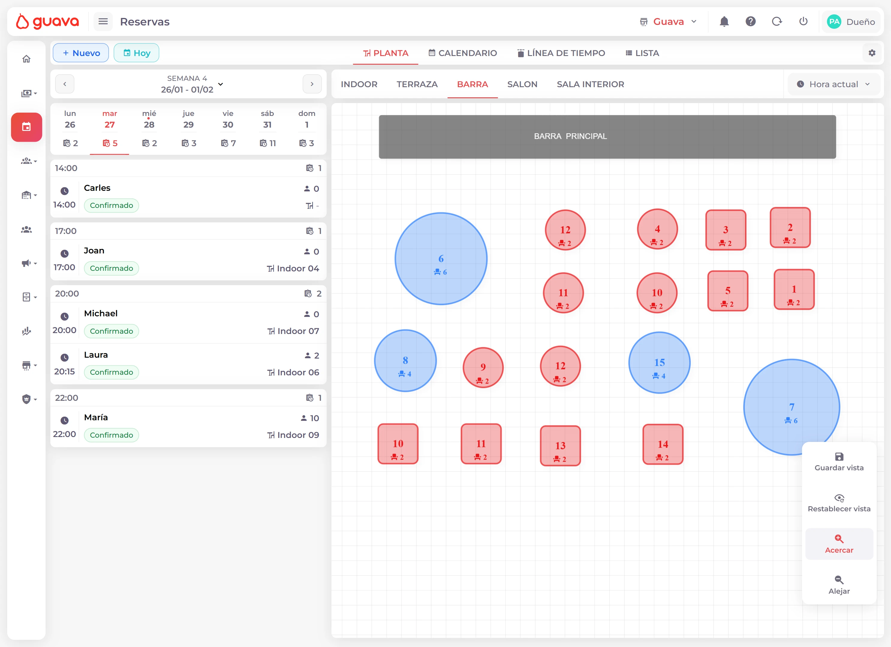 Guava's bookings interface showing tables and availability