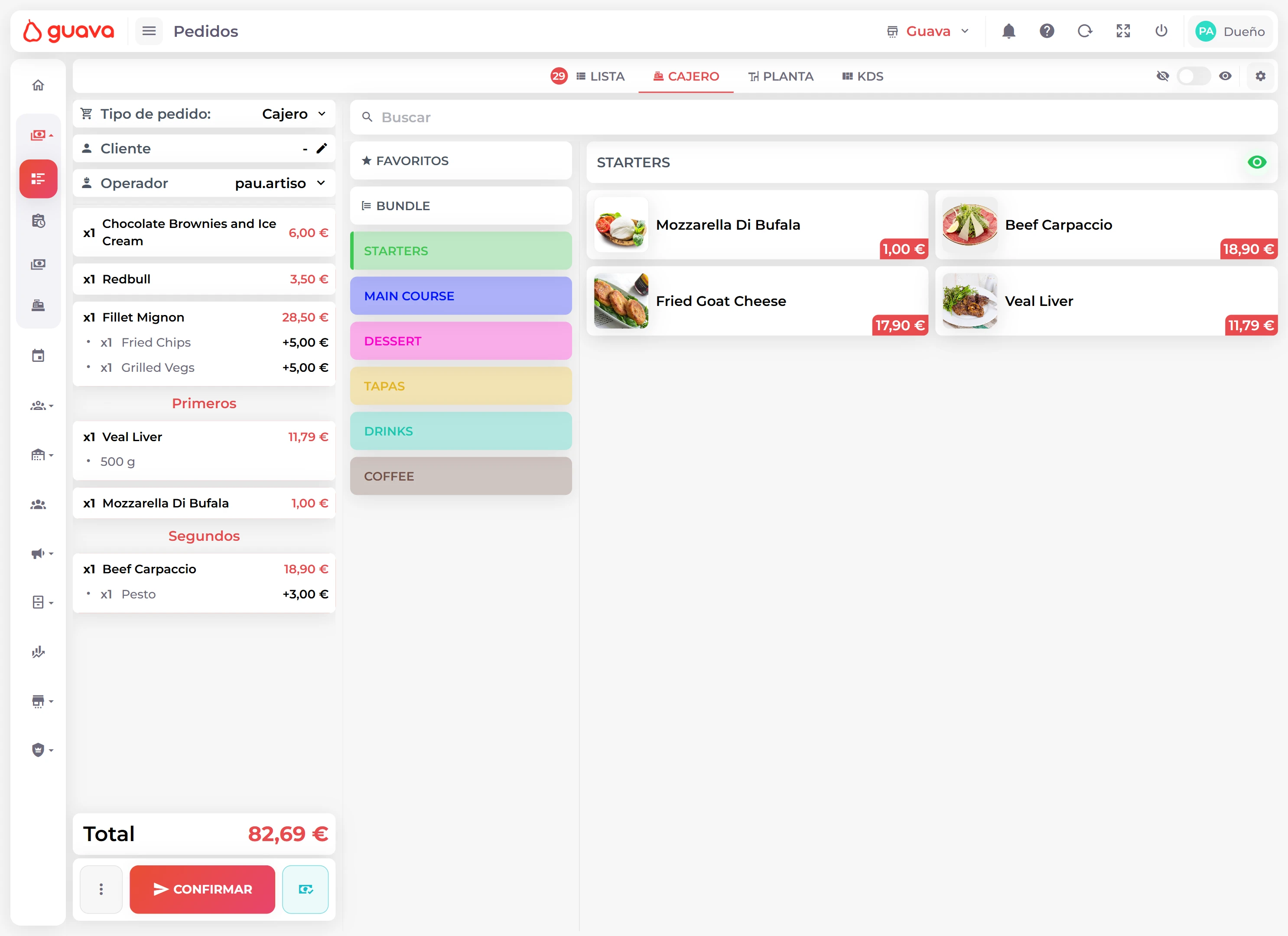 Guava's POS interface showing orders, tables, and payments