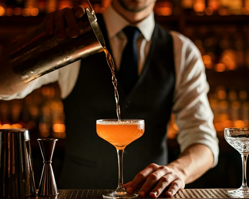 Bartender pouring cocktail in dim light