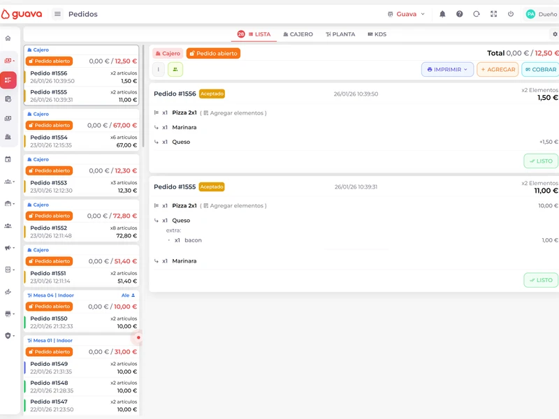 Lista de pedidos de Guava mostrando gestión de pedidos y TPV